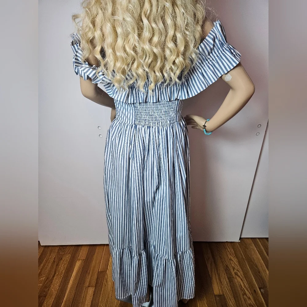 Abercrombie & Fitch Blue White StripedOff-the-Shoulder Maxi Dress Small Tall